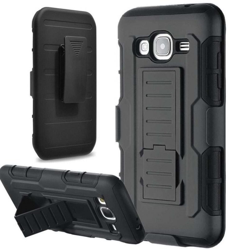 Galaxy J7 Case Black Dual Layer Hybrid Armor Shock Proof Stand Holster Clip P..