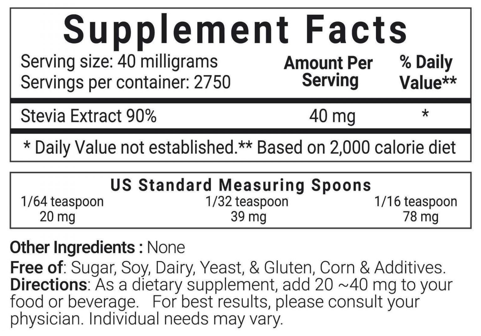 Micro Ingredients Natural Organic Stevia Extract Powder Zero Calorie