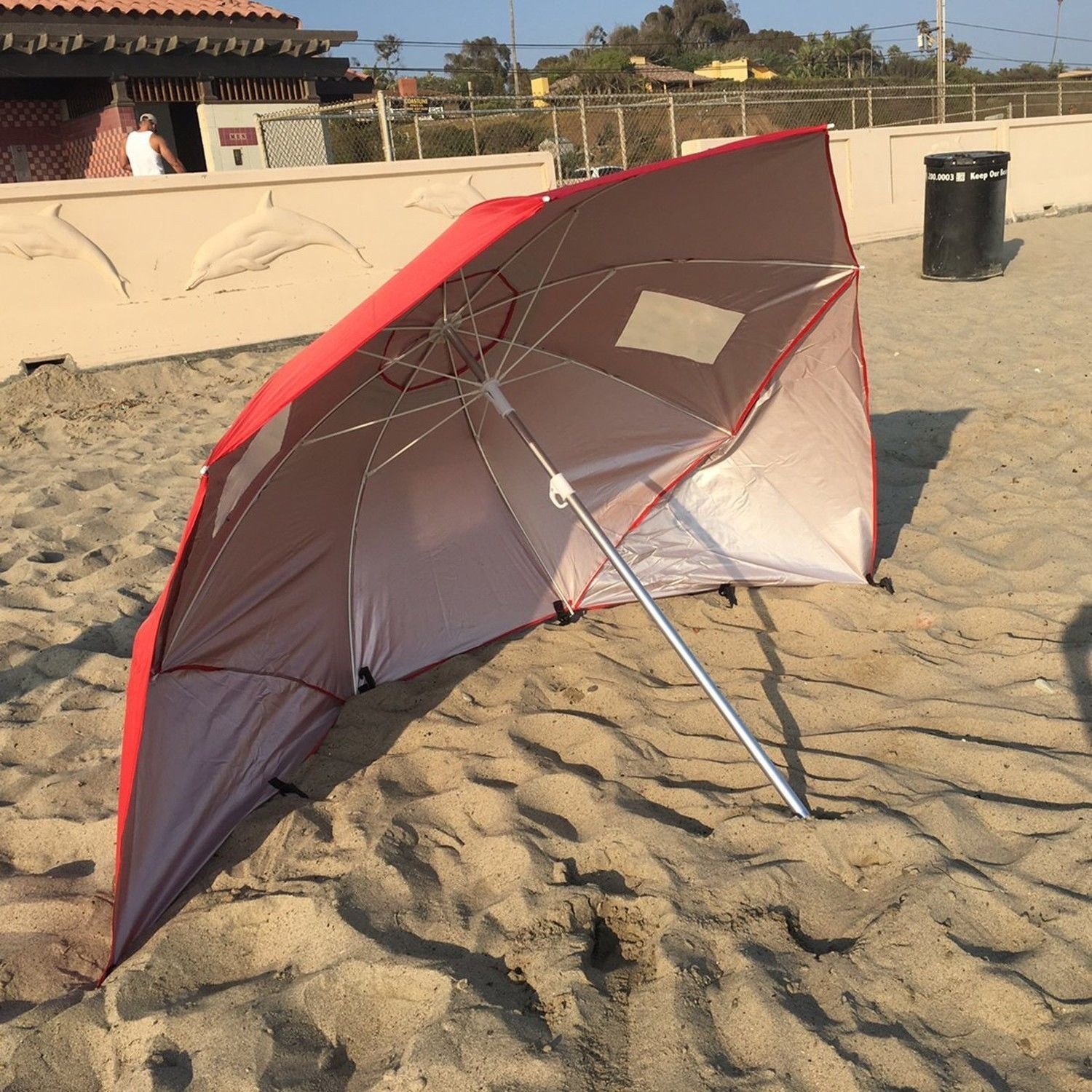 New Apontus Portable Beach Weather Shelter Umbrella Sand Sun Shade Outdoor Red Swiftsly 