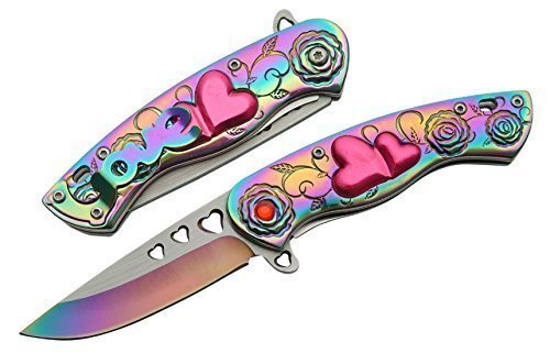 7" Cupid Heart Ladies Rainbow Pocket Knife with LOVE Pocket Clip Beautiful! - $17.95