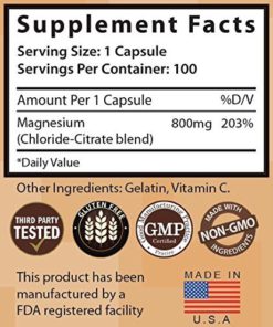 Alternative view of Cloruro de Magnesio Magnesium Chloride 800mg 100 capsules high absorption with magnesium citrate