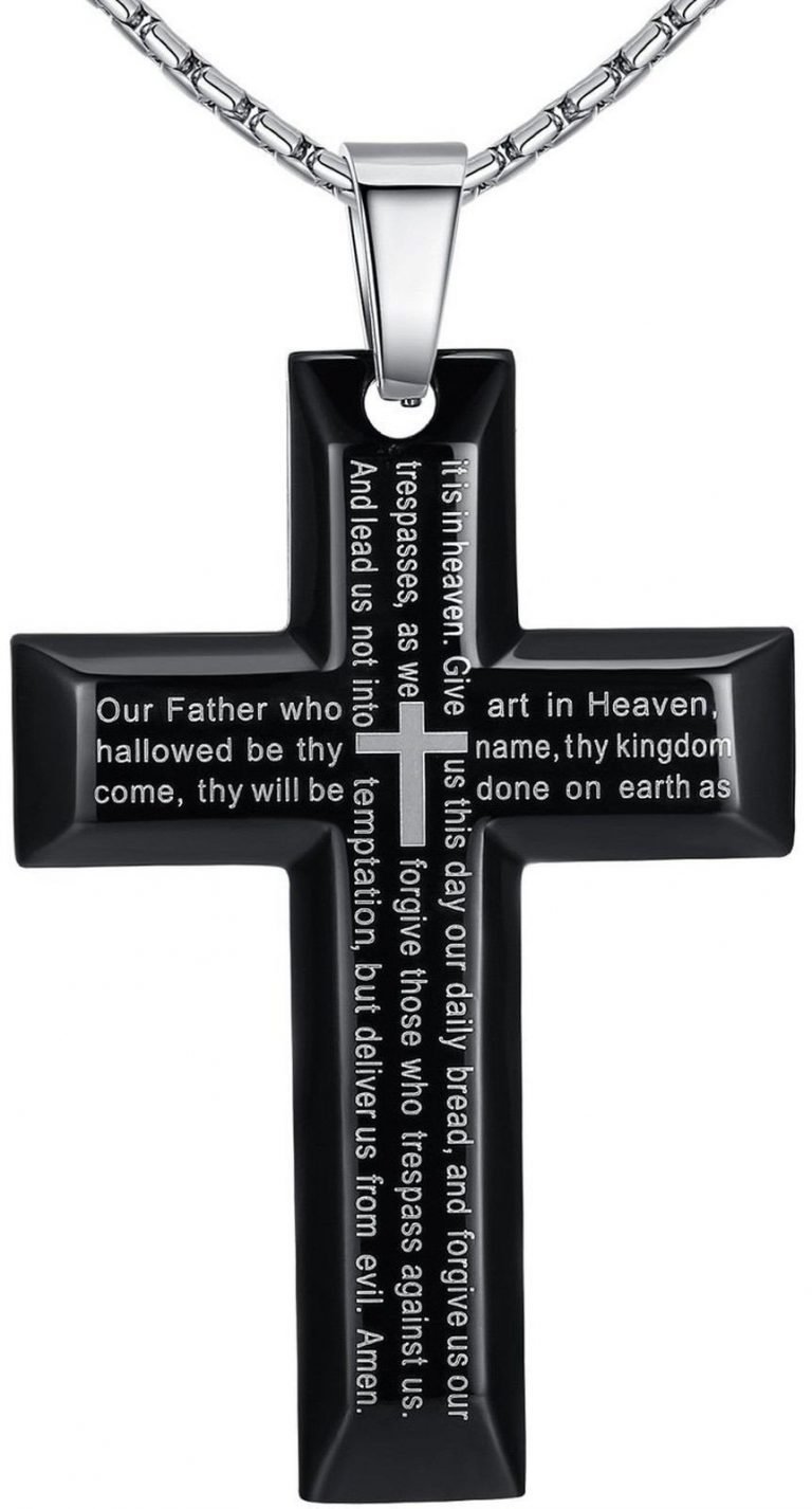 Men's Stainless Steel Large Lord's Prayer Cross Pendant Necklace Black Color ..