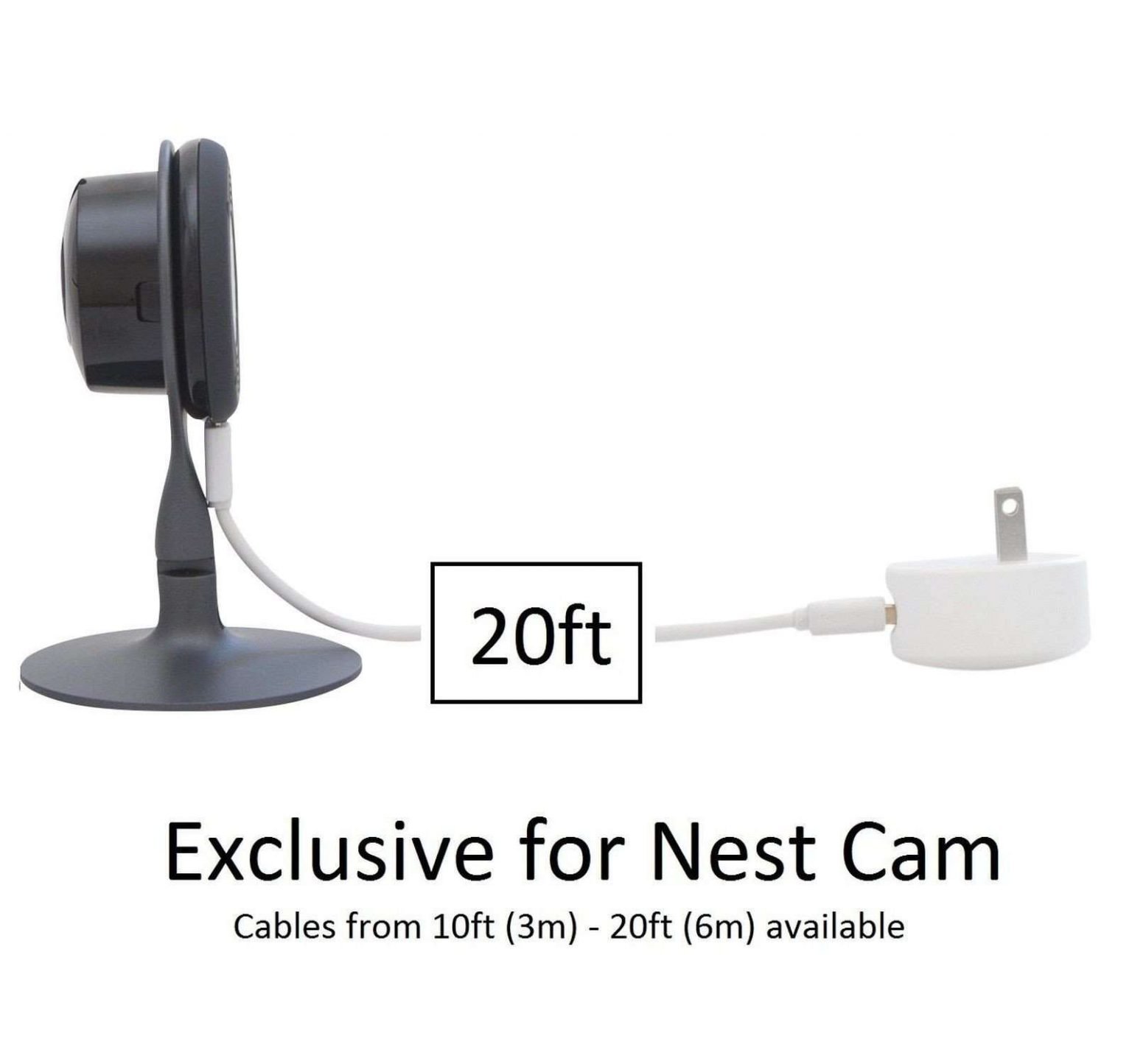 Nest Cam & Dropcam Usb Power Cable In White 20Ft (6M) W/ Gold Plated Plugs .. Swiftsly