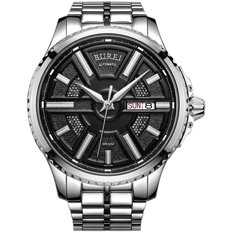 Burei Men's Automatic Wrist Watches With Black Dial Metal Band