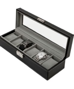 Watch Box 6 Mens Black Leather Display Glass Top Jewelry Case Organizer Null 10 57 42781e89 ccda 4edd bce2 aea47ee71078