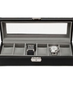 Alternative view of Watch Box 6 Mens Black Leather Display Glass Top Jewelry Case Organizer Null