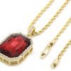 Mens 14K Gold Plated Iced Out Red Ruby Octagon Hip Hop Pendant With 3Mm 24" R..