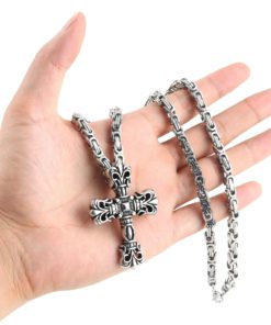 Alternative view of Mens Big Stainless Steel Fleur De Lis Cross Pendant Necklace. Mechanic Style ..