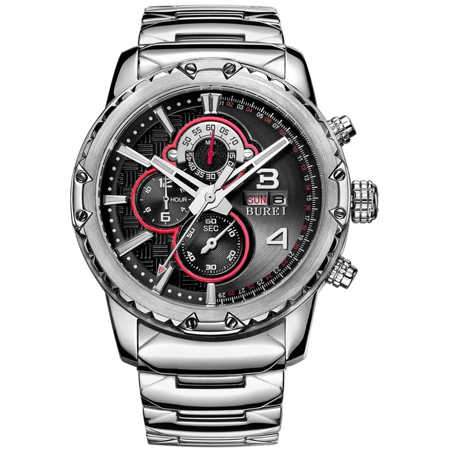 Burei Men's Chronograph Wrist Watches With Black Dial Metal Band - Swiftsly