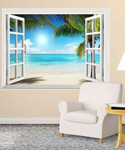 Alternative view of White Sand Beach With Palm Tree Open Window Mural Wall Sticker - 24"X30"
