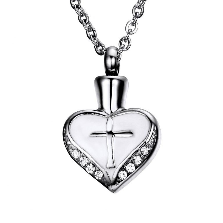 Cross Heart Cremation Urn Pendant Memorial Ash Keepsake Stainless Steel Cubic..