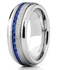 Alternative view of Men's Eternity Titanium Wedding Band Engagement Ring W/ Blue Simulated Sapphi..