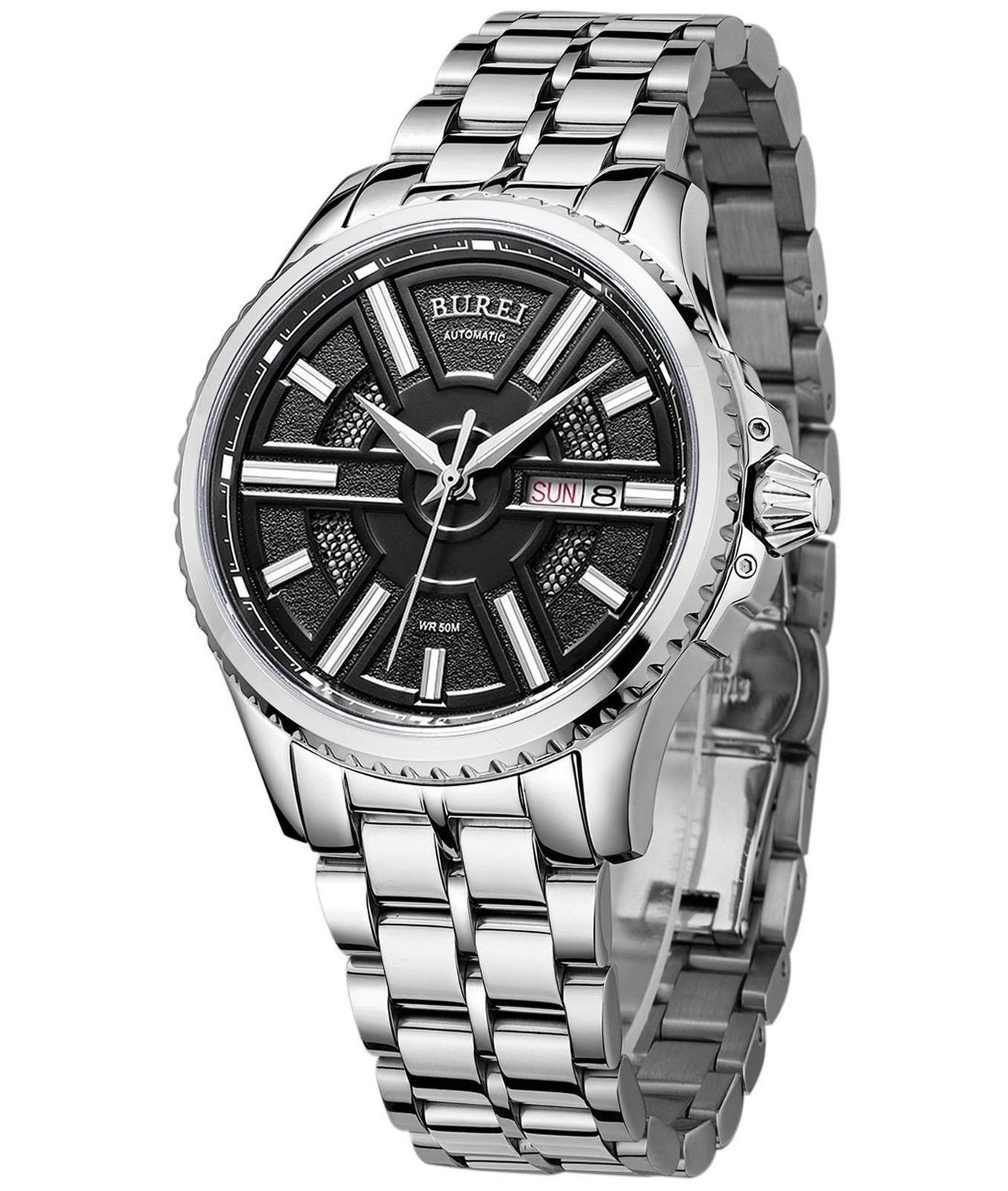 Burei Men's Automatic Wrist Watches With Black Dial Metal Band - Swiftsly