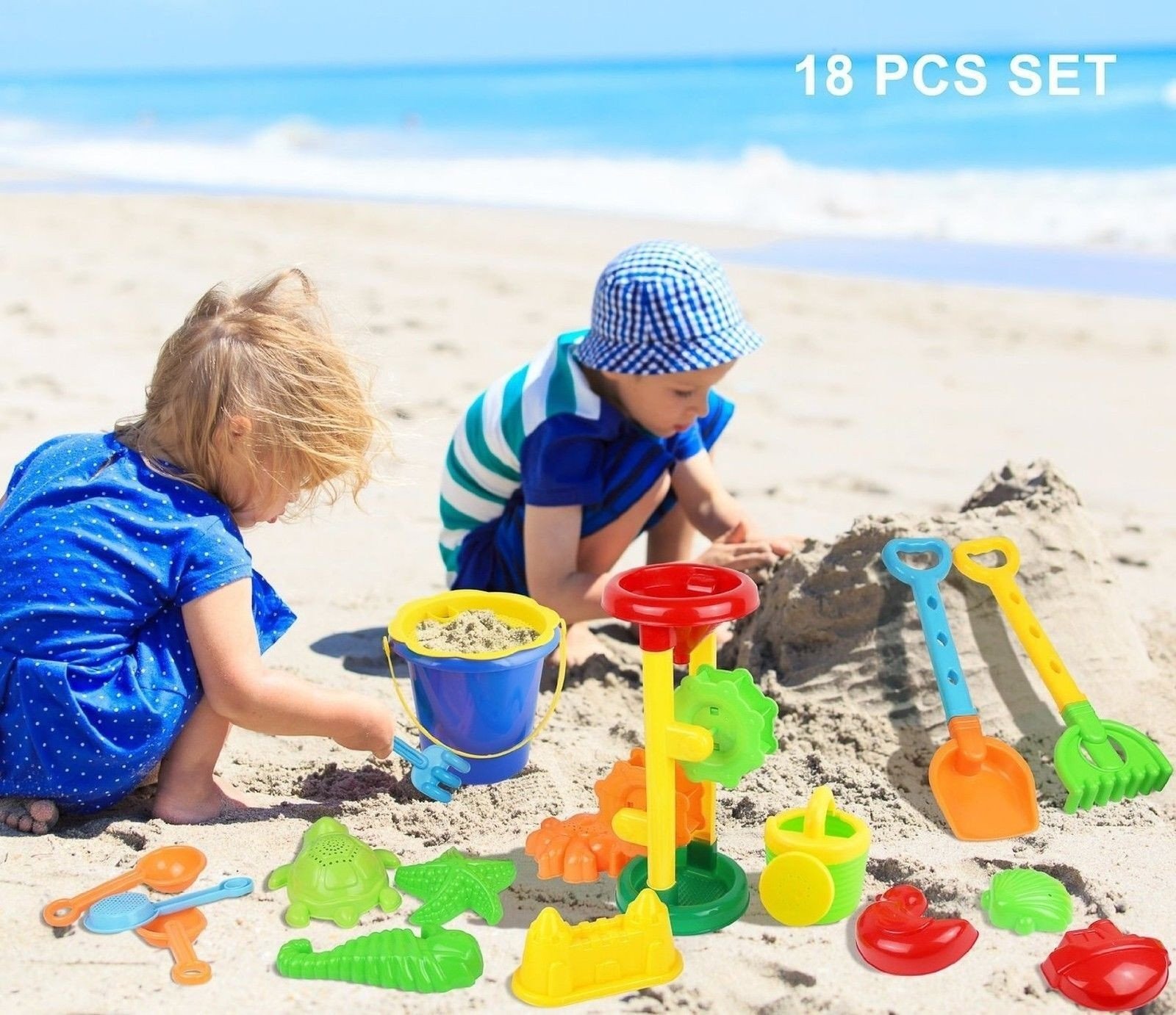 Click N Play 18 Piece Beach Sand Toy Set Bucket Shovels Rakes Sand ...