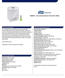Tork Universal RB8002 Hardwound Paper Roll Towel, 1-Ply, 7.87" Width x 800' Length, White (Case of 6 Rolls, 800 per Roll, 4,800 Feet) 1 Case 13 61 2BuMPCcPL