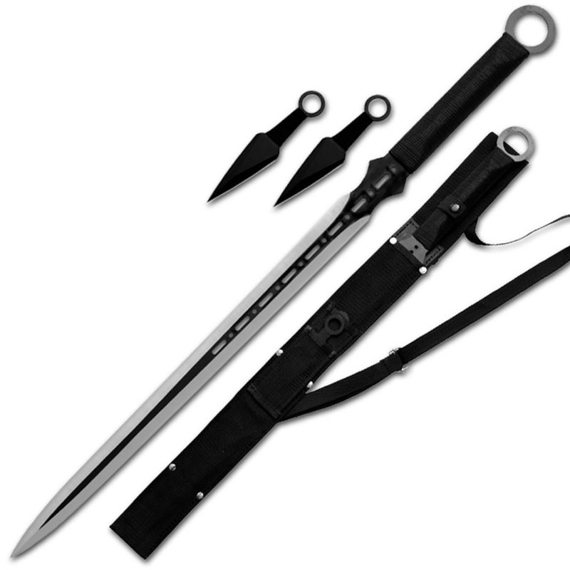 Catalog 7 Ace Martial Arts Supply Ninja Machete Sword with Throwing Knife Full Tang Tactical Blade Katana, Black, 27"