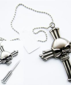 Ace Martial Arts Silver Skull On Cross Neck Knife With Hidden Blade and Necklace