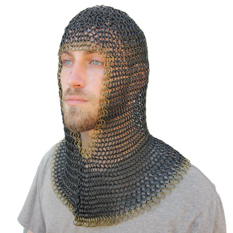 INDIA OVERSEAS TRADING CORP Medieval V Brass Face Mild Steel Chainmail Coif Armor