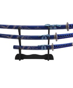 Carved Dragon Blue Samurai Sword Set of 3 with Stand