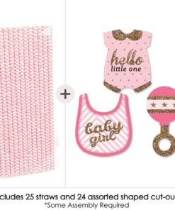 Hello Little One - Pink and Gold Paper Straw Decor - Girl Baby Shower Striped Decorative Straws - Set of 24 7 712uj9LDVeL