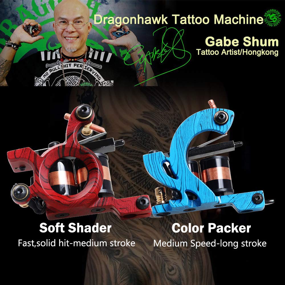 Dragonhawk Complete Tattoo Kit 4 Standard Tunings Tattoo Machines Power Supply 10 Color Immortal Tattoo Inks 50 Needles Tips Grips with Case D139GD - $69.95
