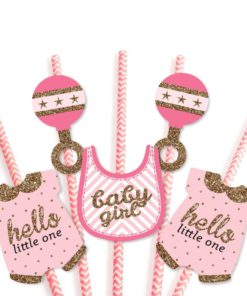 Hello Little One - Pink and Gold Paper Straw Decor - Girl Baby Shower Striped Decorative Straws - Set of 24 9 71Q1RdGluDL