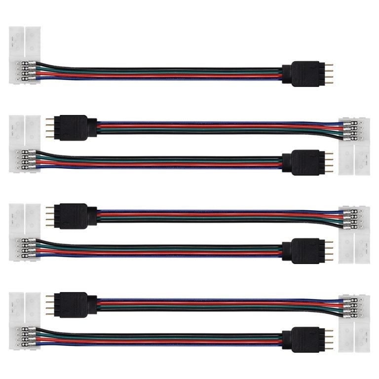 RGB Light Strip Connector JACKYLED 10mm Wide LED 5050 Strip to Power Adaptor Cable Wire 4 Conductor Strip to Controller Jumper Solderless Clamp for 5050 LED Strip Light 7-Pack Fireproof Material
