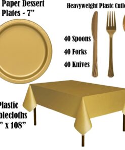 Disposable Party Supplies, Serves 40 - Light Pink and Gold - Large and Small Paper Plates, 12 oz Plastic Cups, Heavyweight Cutlery, Napkins, and Tablecloths. Full Two-Tone Tableware Set 5 71u7KEdaa5L