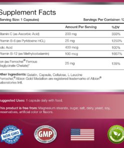 Alternative view of Pure Micronutrients Iron Plus Supplement, Natural Ferrous Chelate, Bisglycinate 25mg + Vitamin C, B6, B12, Folic Acid, 120 Count 1