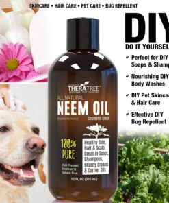 Neem Oil Organic & Wild Crafted Pure Cold Pressed Unrefined Cosmetic Grade 12 oz for Skincare, Hair Care, and Natural Bug Repellent by Oleavine TheraTree 10 71xPofgjsfL