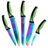 SiliSlick Kitchen Knife Set ? 5 Elegant Knives, Chef Quality, SS Blades With Ergonomic Handles, Rainbow Effect, Titanium Coating & Safety Sheath Green-Black Handle 25 818 eoHx FL