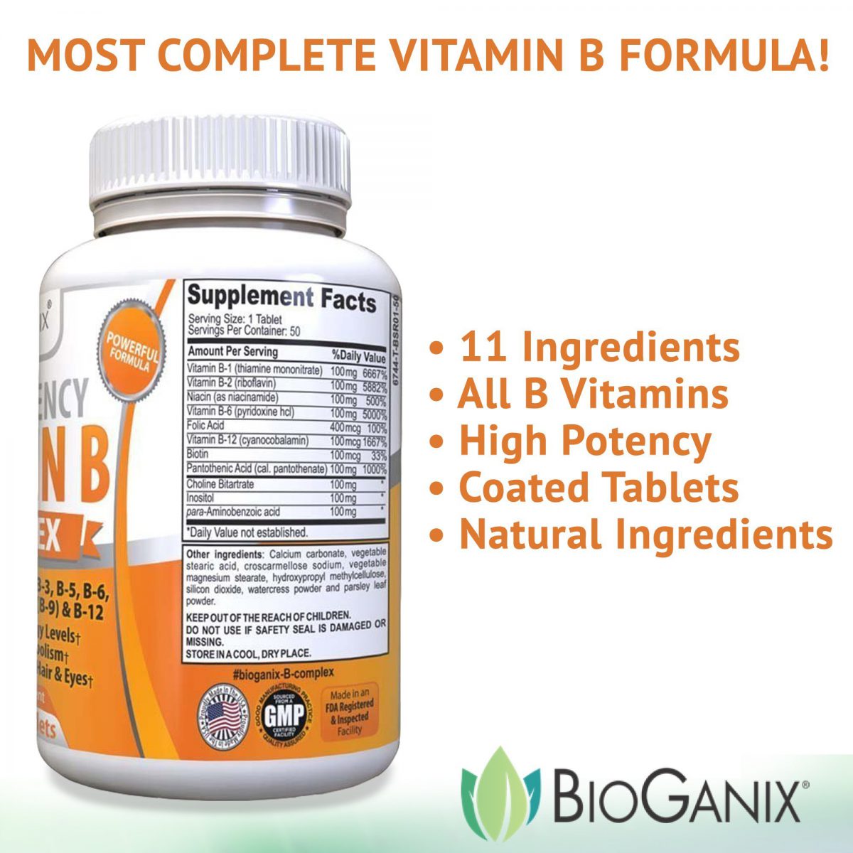Vitamin B Complex Supplement Made in the USA With Vitamin B12, B1, B2