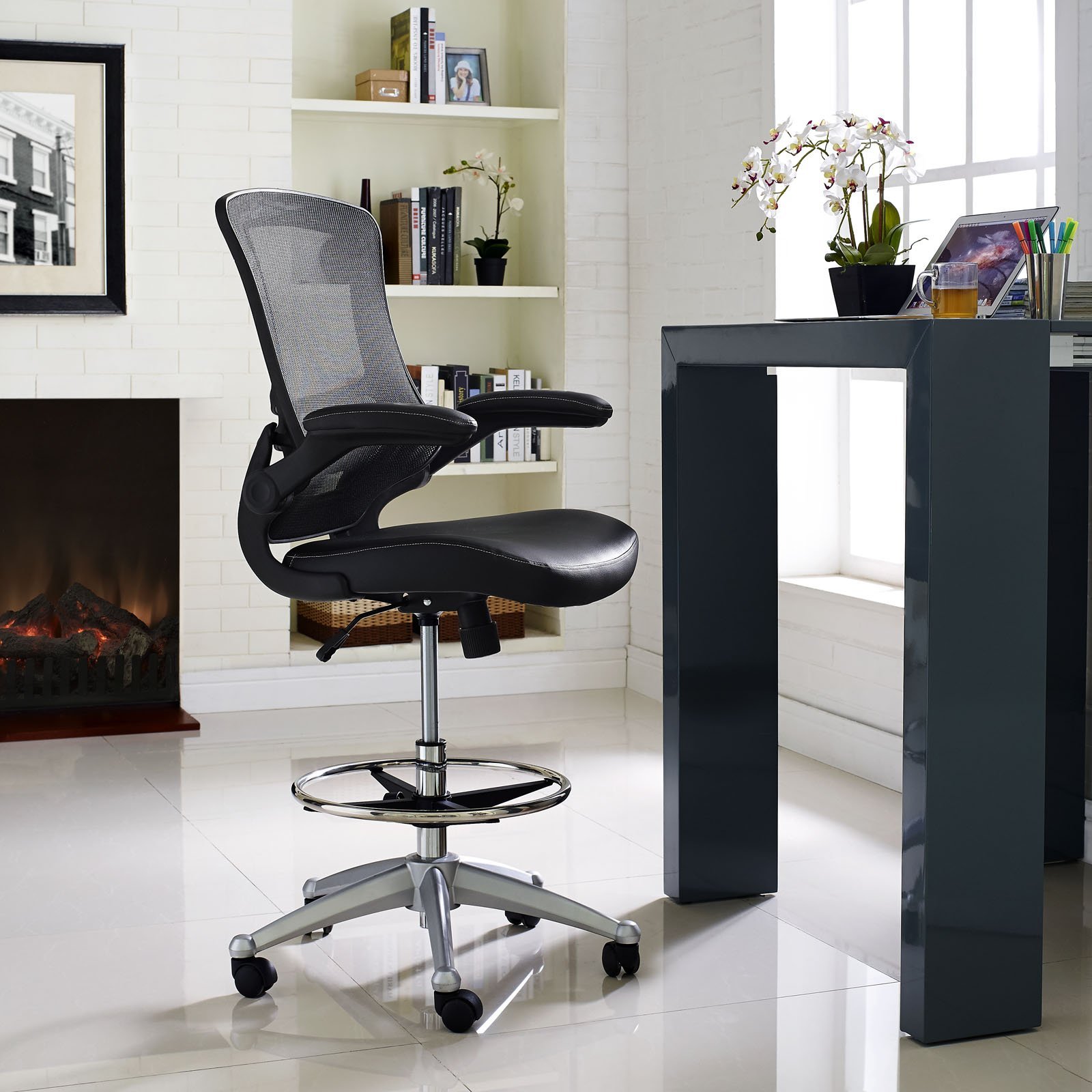 Modway Attainment Drafting Chair In Black - Tall Office Chair For Adjustable Standing Desks - Drafting Stool With Flip-Up Arm Drafting Table Chair - $179.95