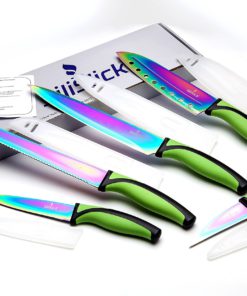 Alternative view of SiliSlick Kitchen Knife Set ? 5 Elegant Knives, Chef Quality, SS Blades With Ergonomic Handles, Rainbow Effect, Titanium Coating & Safety Sheath Green-Black Handle