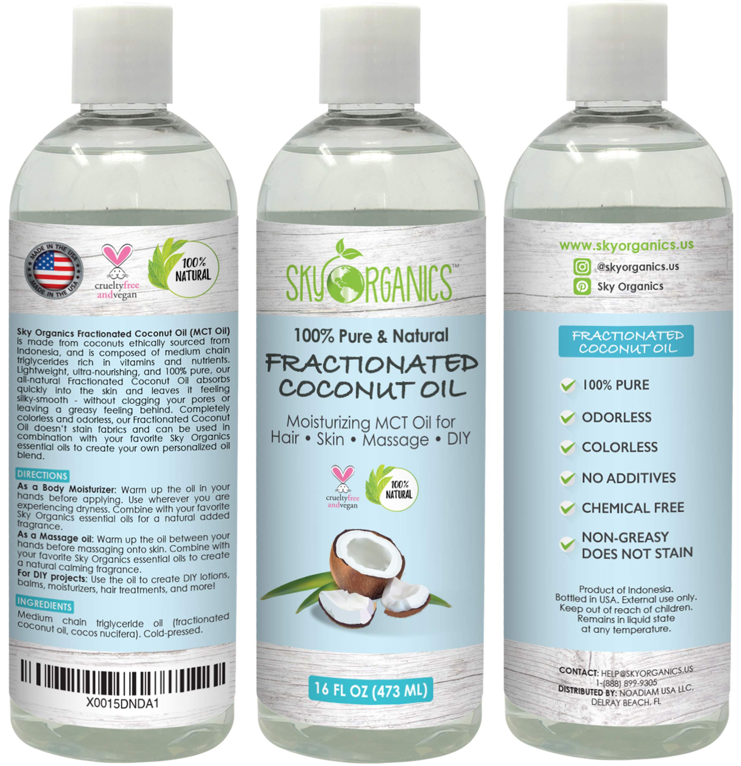 Fractionated Coconut Oil by Sky Organics 16oz- 100% Pure MCT Oil (Cocos Nucifera) with PUMP. Ideal as a Massage Oil & Aromatherapy. Carrier Oil Made in USA. No Staining Tanning Oil - $20.95