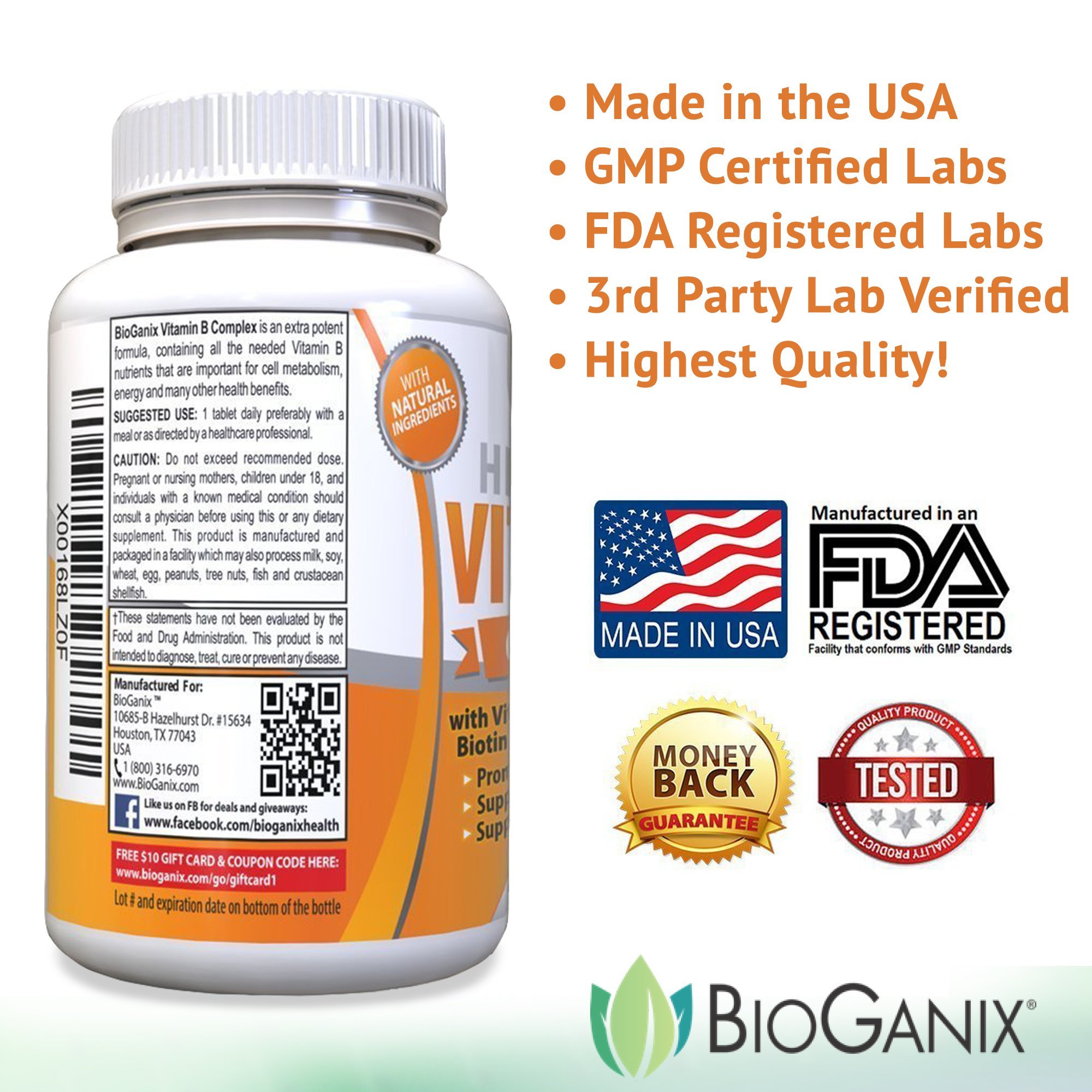 Vitamin B Complex Supplement Made in the USA | With Vitamin B12, B1, B2, B3, B5, B6, B7 Biotin & B9 Folic Acid | Vegan, non-GMO High Potency Capsules To Boost Energy, Metabolism, Skin, Hair & Eyes - $25.95