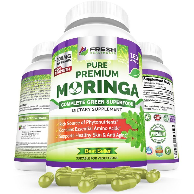 Organic Moringa 180 Capsules – 100% Pure Leaf Powder - Max 1000mg Per Serving - Complete Green Superfood Supplement - Full 3 Month Supply - Miracle Tree Organic Moringa Oleifera Powder Vegan Caps 180 Count