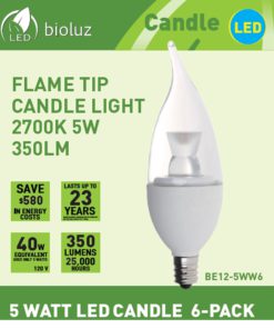 6 Pack Bioluz LED"Flame Tip" Dimmable Candelabra LED E12 Candelabra Base Candle Bulbs 2700K (Warm White) 40 Watt Using only 5 Watts, Chandelier, Indoor/Outdoor Flame Tip - 6 Pack - $29.95