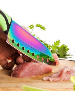 SiliSlick Kitchen Knife Set ? 5 Elegant Knives, Chef Quality, SS Blades With Ergonomic Handles, Rainbow Effect, Titanium Coating & Safety Sheath Green-Black Handle 13 914axuYfPYL