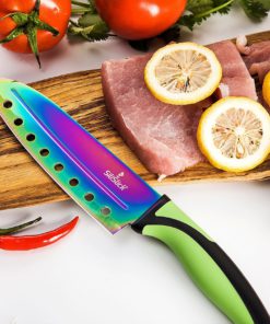 SiliSlick Kitchen Knife Set ? 5 Elegant Knives, Chef Quality, SS Blades With Ergonomic Handles, Rainbow Effect, Titanium Coating & Safety Sheath Green-Black Handle 15 91bQmPkX4qL
