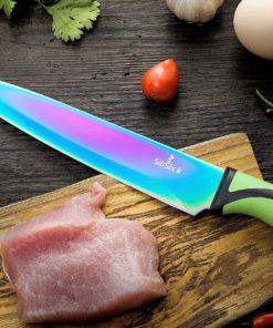 SiliSlick Kitchen Knife Set ? 5 Elegant Knives, Chef Quality, SS Blades With Ergonomic Handles, Rainbow Effect, Titanium Coating & Safety Sheath Green-Black Handle 14 A17U5hsFuWL