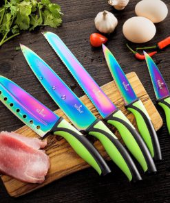 SiliSlick Kitchen Knife Set ? 5 Elegant Knives, Chef Quality, SS Blades With Ergonomic Handles, Rainbow Effect, Titanium Coating & Safety Sheath Green-Black Handle 11 A1FJdhlJ2mL