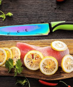 SiliSlick Kitchen Knife Set ? 5 Elegant Knives, Chef Quality, SS Blades With Ergonomic Handles, Rainbow Effect, Titanium Coating & Safety Sheath Green-Black Handle 12 A1SfGR3QehL
