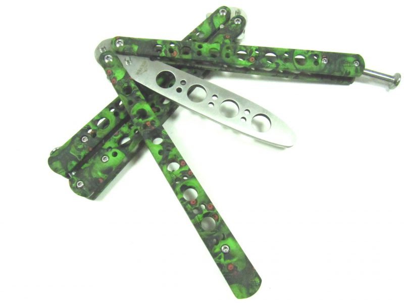 Green Skull 8.5" Practice Balisong Butterfly Trainer with No Offensive Blade