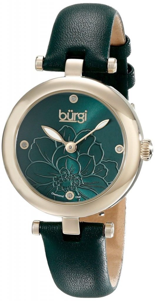 Burgi Women's Bur128Gn Diamond Accented Flower Dial Yellow Gold & Green Leath.. - $77.95