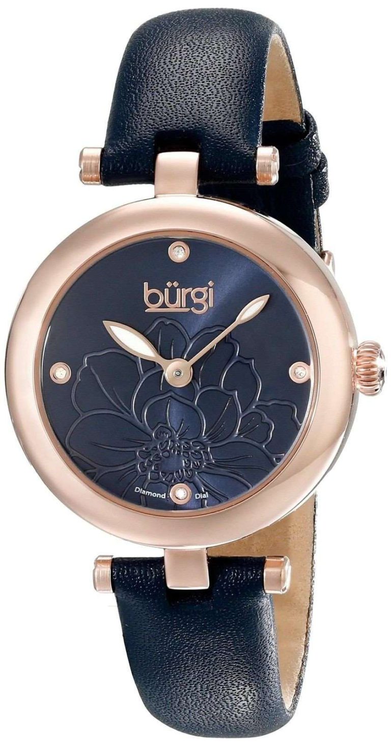 Burgi Women's Bur128Bu Diamond Accented Flower Dial Rose Gold & Blue Leather .. - $43.95