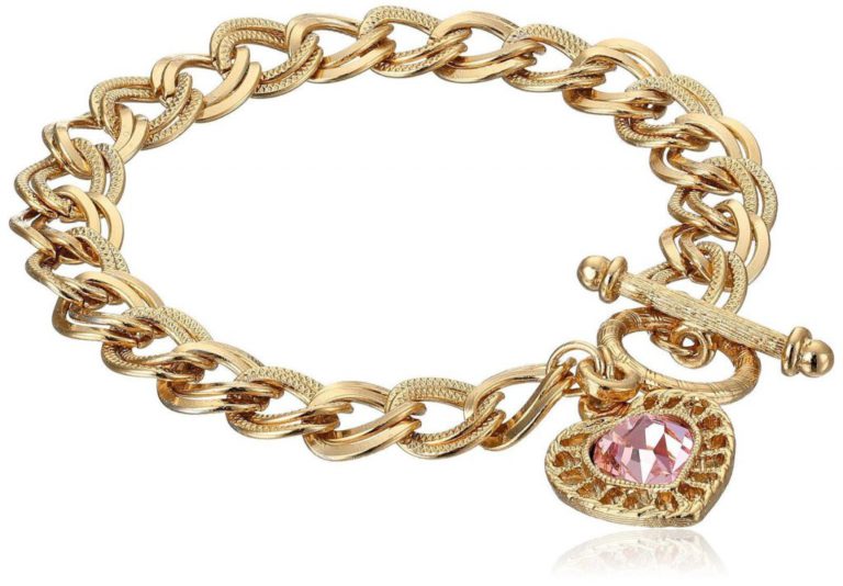 1928 Jewelry "Hearts" 14K Gold-Dipped Toggle Charm Bracelet With Pink Swarovs.. - $28.95