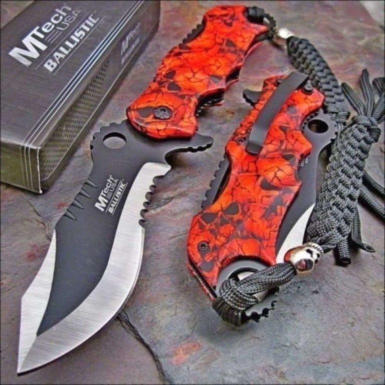 1 X Mtech Ballistic Bowie Black Red Skull Camo Assisted Opening Pocket Knife - $12.95