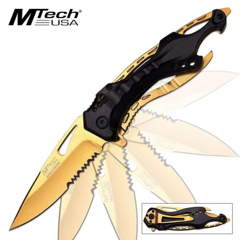 M Tech Tactical Folding Knife Gold Titanium Coating Stainless Steel Blade Knife - $12.95