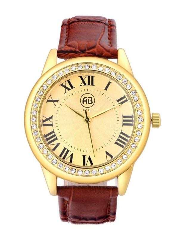 Aibi Retro Brown Leather Strap Quartz Women's Gold Watches With Jewelry Bezel - $27.95